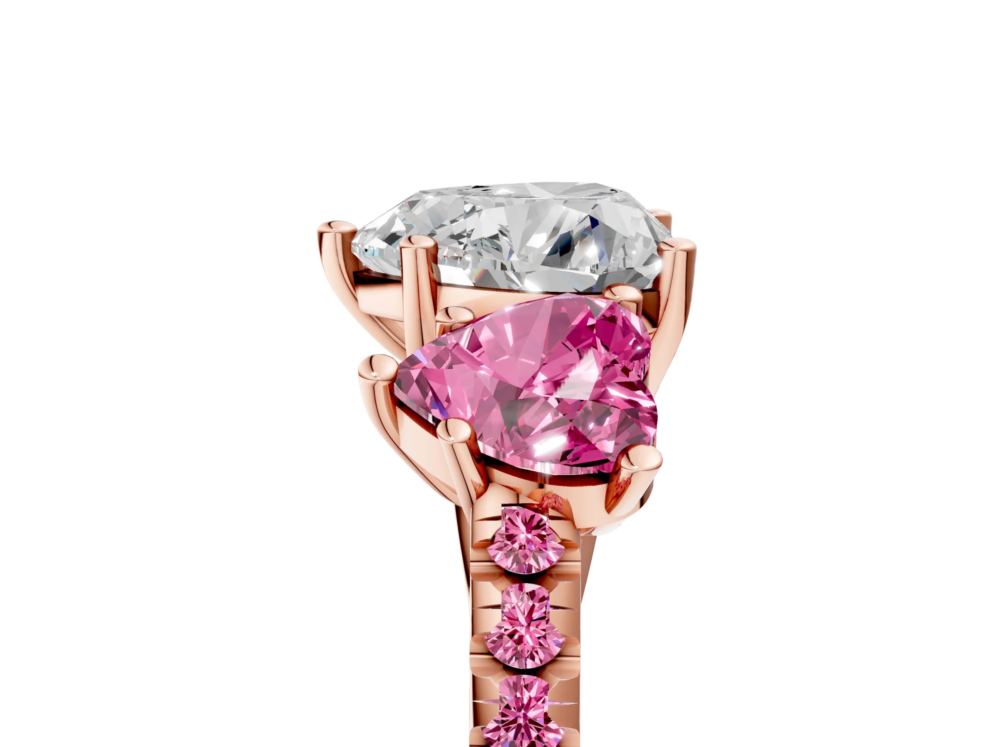 Rose gold Three-Stone Heart Cut Diamond Ring with Round with Pink Sapphire side stone Pavé Band and Prong Setting_5