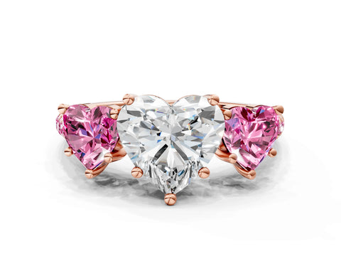 Rose gold Three-Stone Heart Cut Diamond Ring with Round with Pink Sapphire side stone Pavé Band and Prong Setting