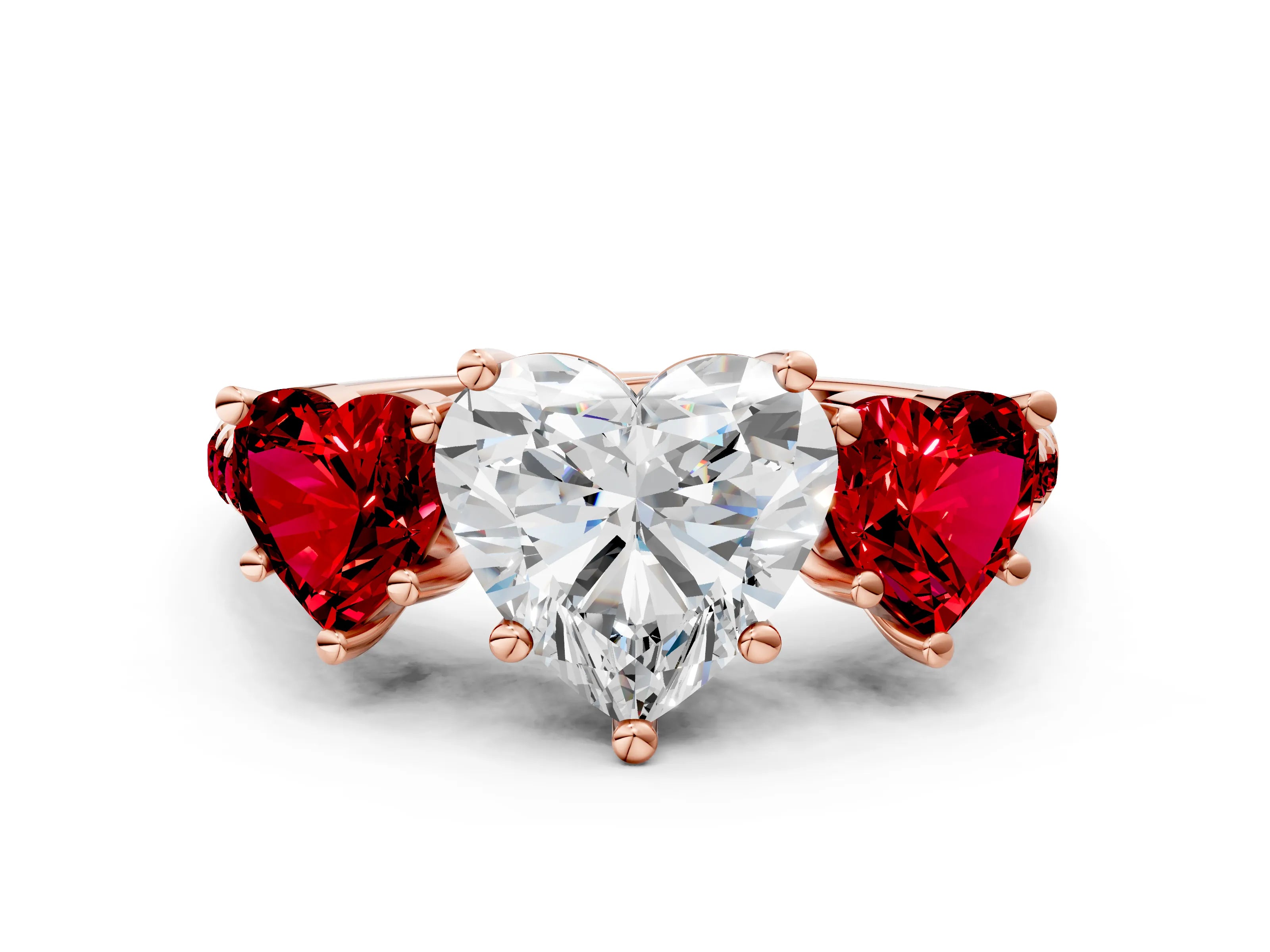 Rose gold Three-Stone Heart Cut Diamond Ring with Round with Ruby side stone Pavé Band and Prong Setting