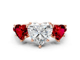 Rose gold Three-Stone Heart Cut Diamond Ring with Round with Ruby side stone Pavé Band and Prong Setting