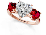 Rose gold Three-Stone Heart Cut Diamond Ring with Round with Ruby side stone Pavé Band and Prong Setting_1