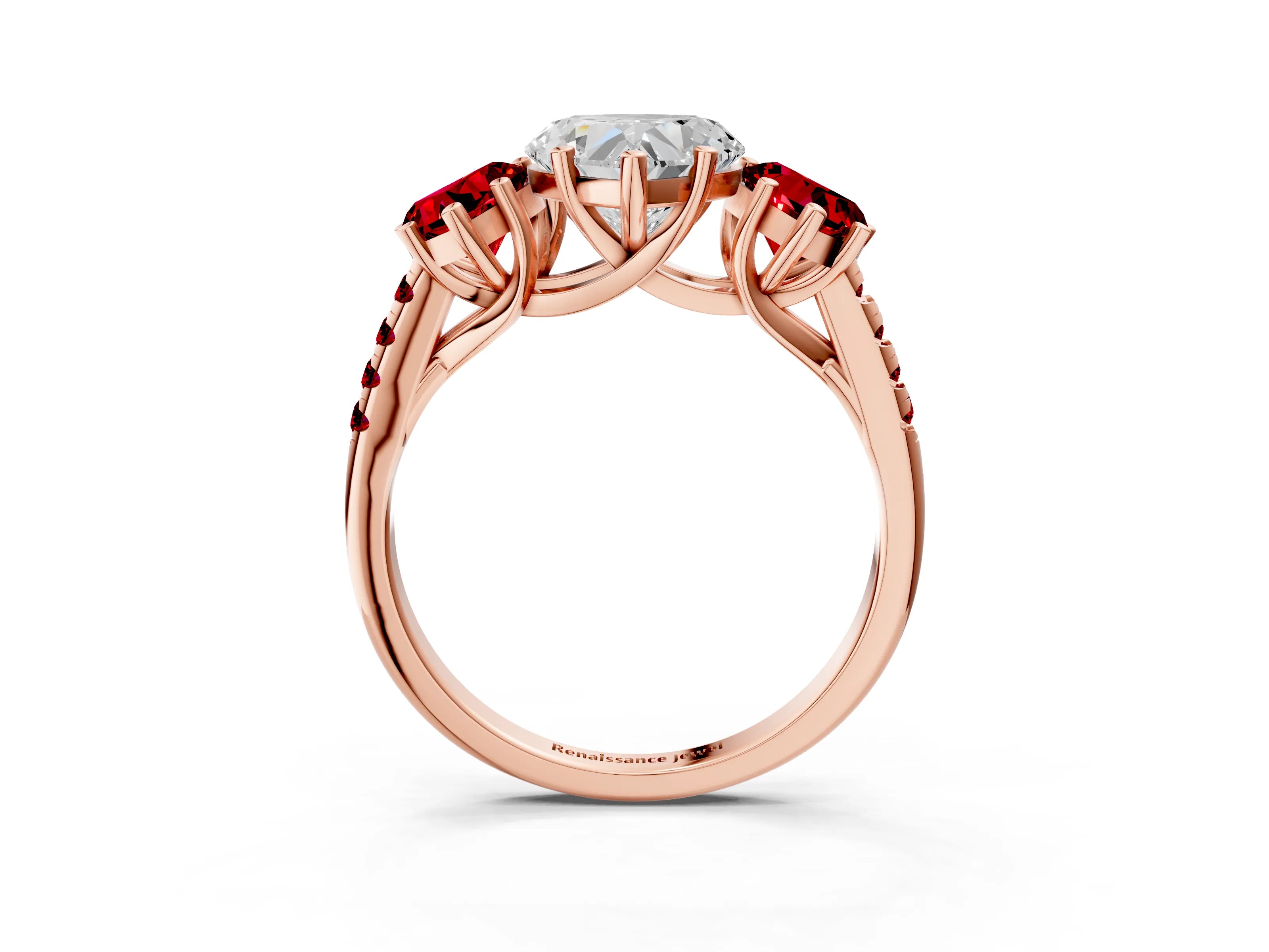 Rose gold Three-Stone Heart Cut Diamond Ring with Round with Ruby side stone Pavé Band and Prong Setting_3