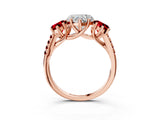 Rose gold Three-Stone Heart Cut Diamond Ring with Round with Ruby side stone Pavé Band and Prong Setting_3