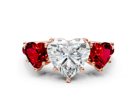 Rose gold Three-Stone Heart Cut Diamond Ring with Round with Ruby side stone Pavé Band and Prong Setting