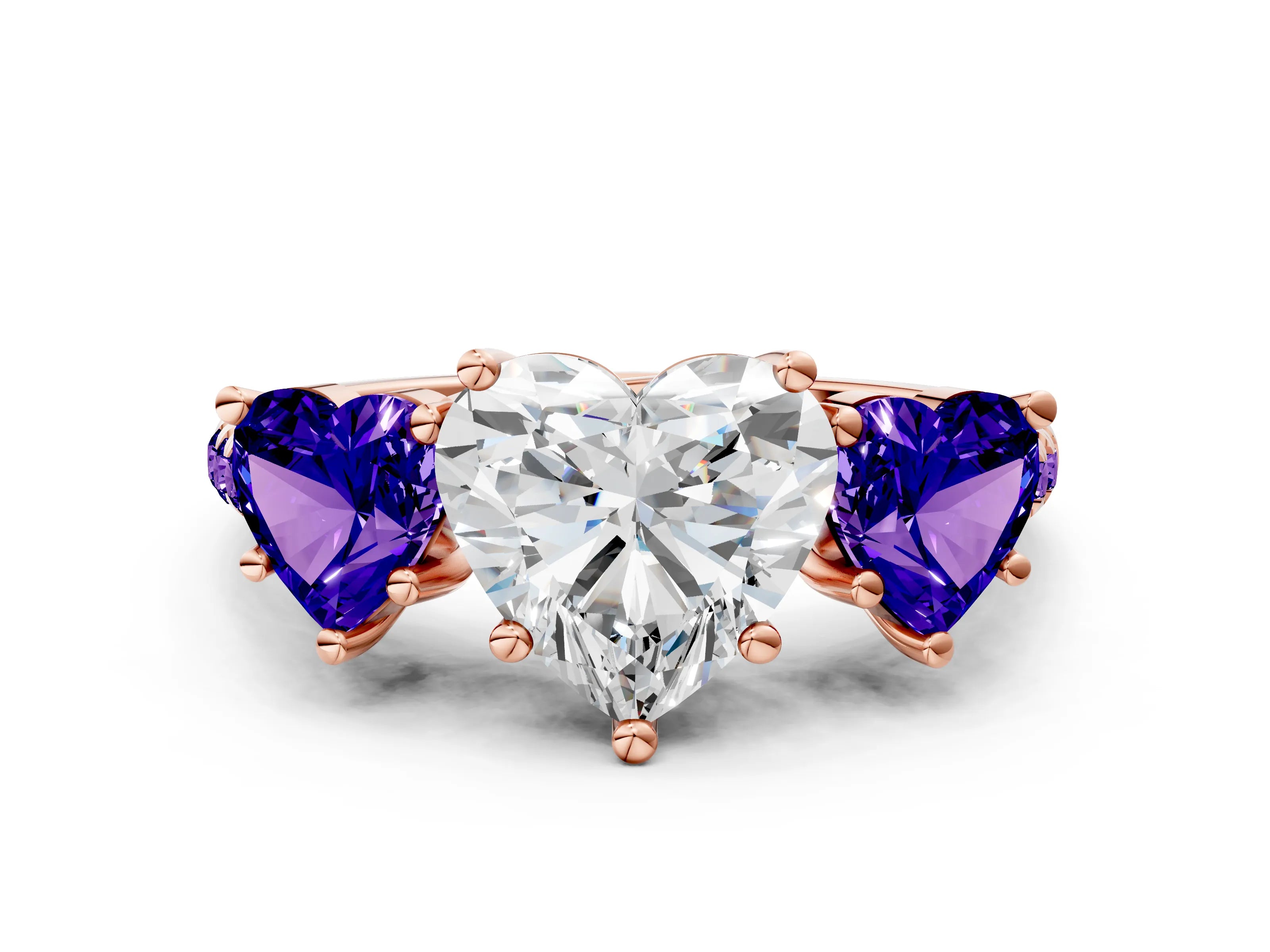 Rose gold Three-Stone Heart Cut Diamond Ring with Round with Tanzanite side stone Pavé Band and Prong Setting