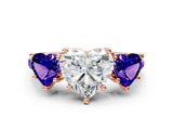 Rose gold Three-Stone Heart Cut Diamond Ring with Round with Tanzanite side stone Pavé Band and Prong Setting