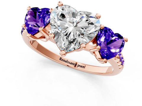 Rose gold Three-Stone Heart Cut Diamond Ring with Round with Tanzanite side stone Pavé Band and Prong Setting_1