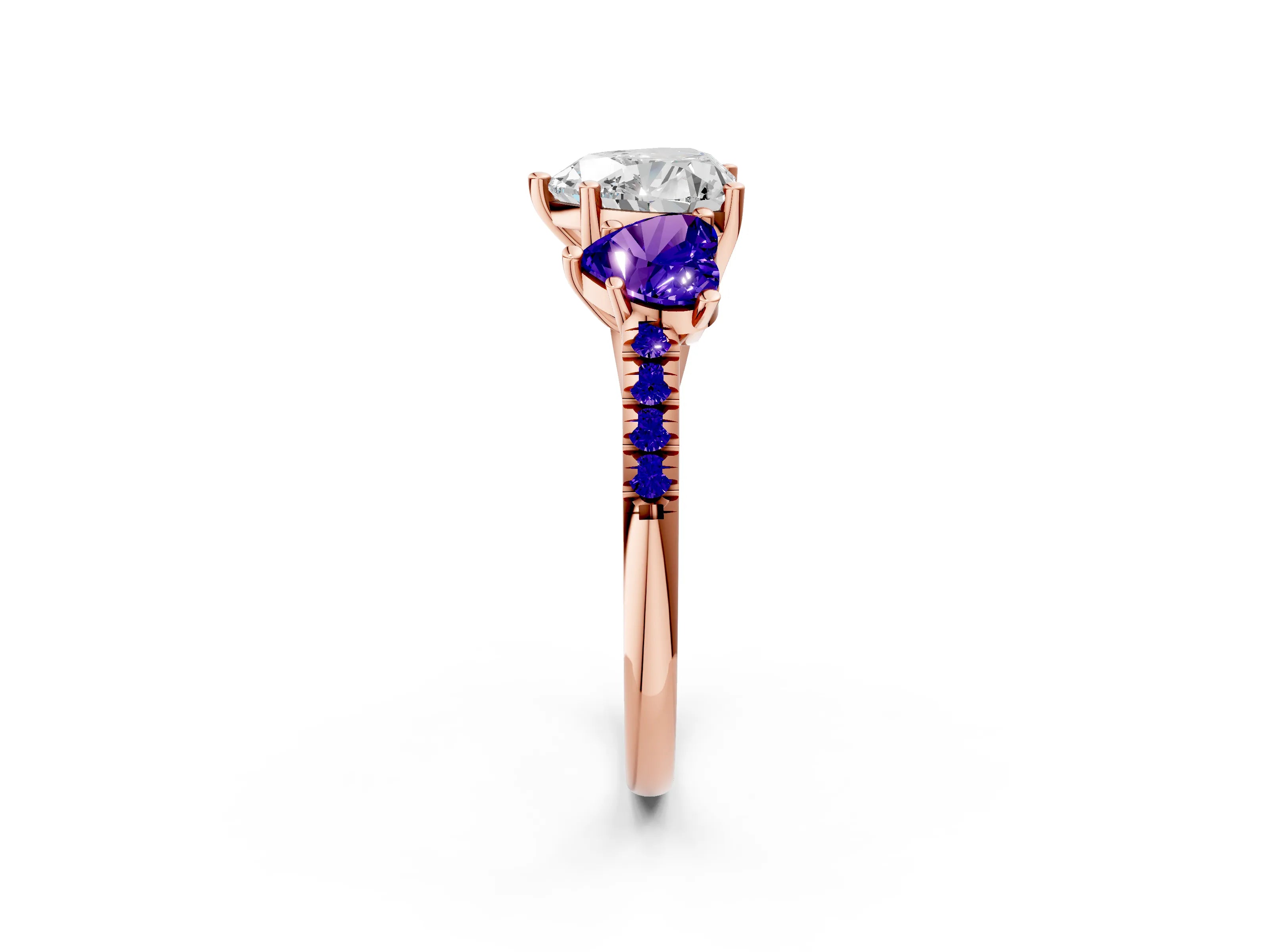 Rose gold Three-Stone Heart Cut Diamond Ring with Round with Tanzanite side stone Pavé Band and Prong Setting_2