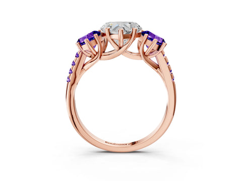 Rose gold Three-Stone Heart Cut Diamond Ring with Round with Tanzanite side stone Pavé Band and Prong Setting_3