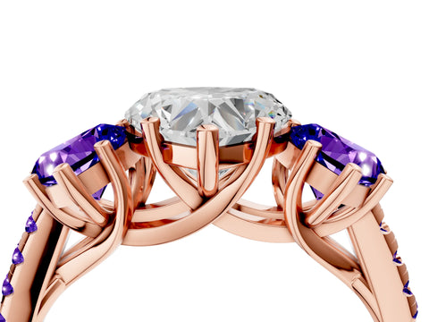Rose gold Three-Stone Heart Cut Diamond Ring with Round with Tanzanite side stone Pavé Band and Prong Setting_4