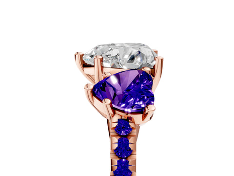 Rose gold Three-Stone Heart Cut Diamond Ring with Round with Tanzanite side stone Pavé Band and Prong Setting_5