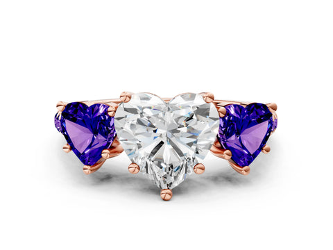 Rose gold Three-Stone Heart Cut Diamond Ring with Round with Tanzanite side stone Pavé Band and Prong Setting