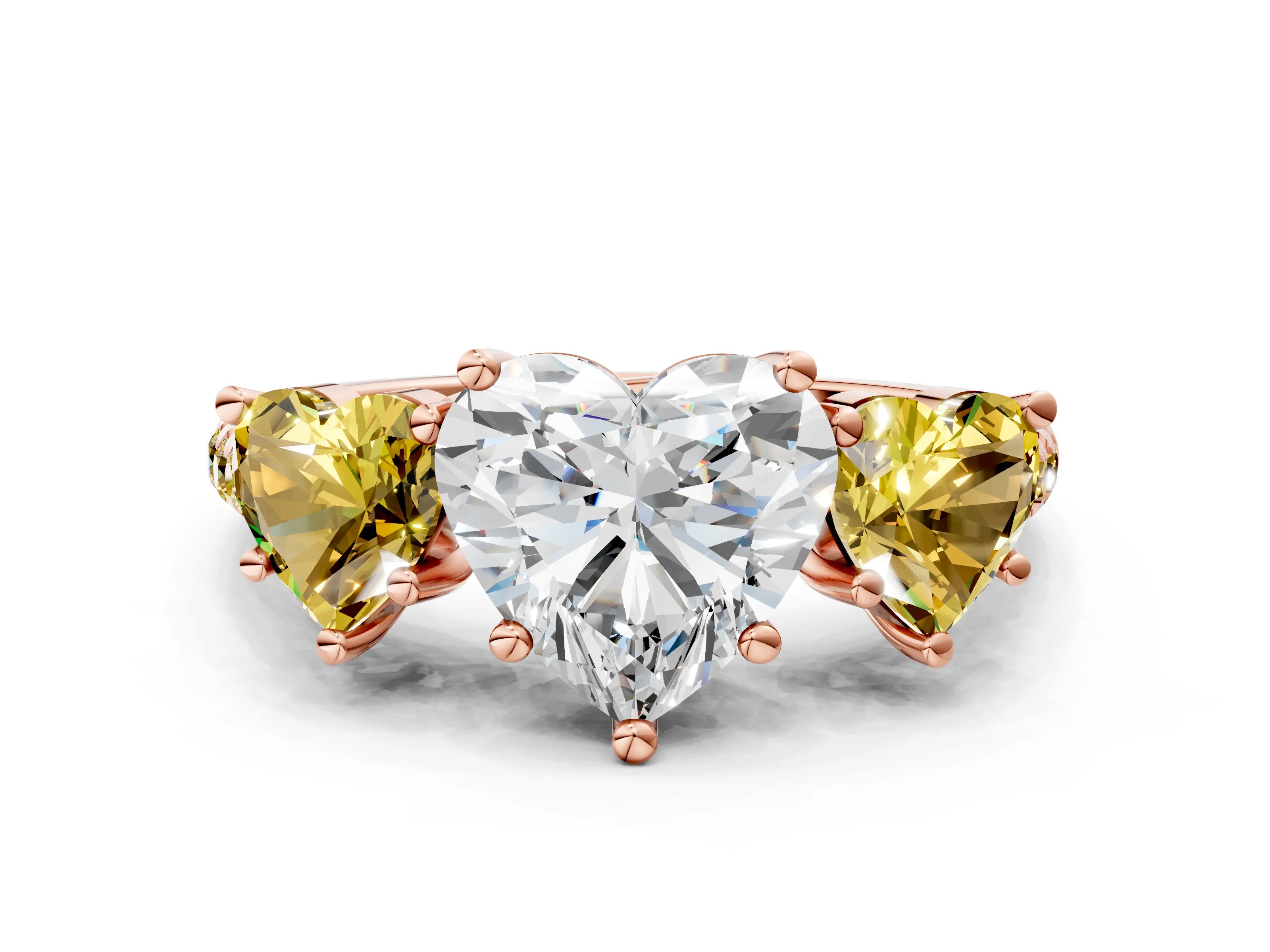 Rose gold Three-Stone Heart Cut Diamond Ring with Round with Yellow Sapphire side stone Pavé Band and Prong Setting