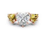 Rose gold Three-Stone Heart Cut Diamond Ring with Round with Yellow Sapphire side stone Pavé Band and Prong Setting