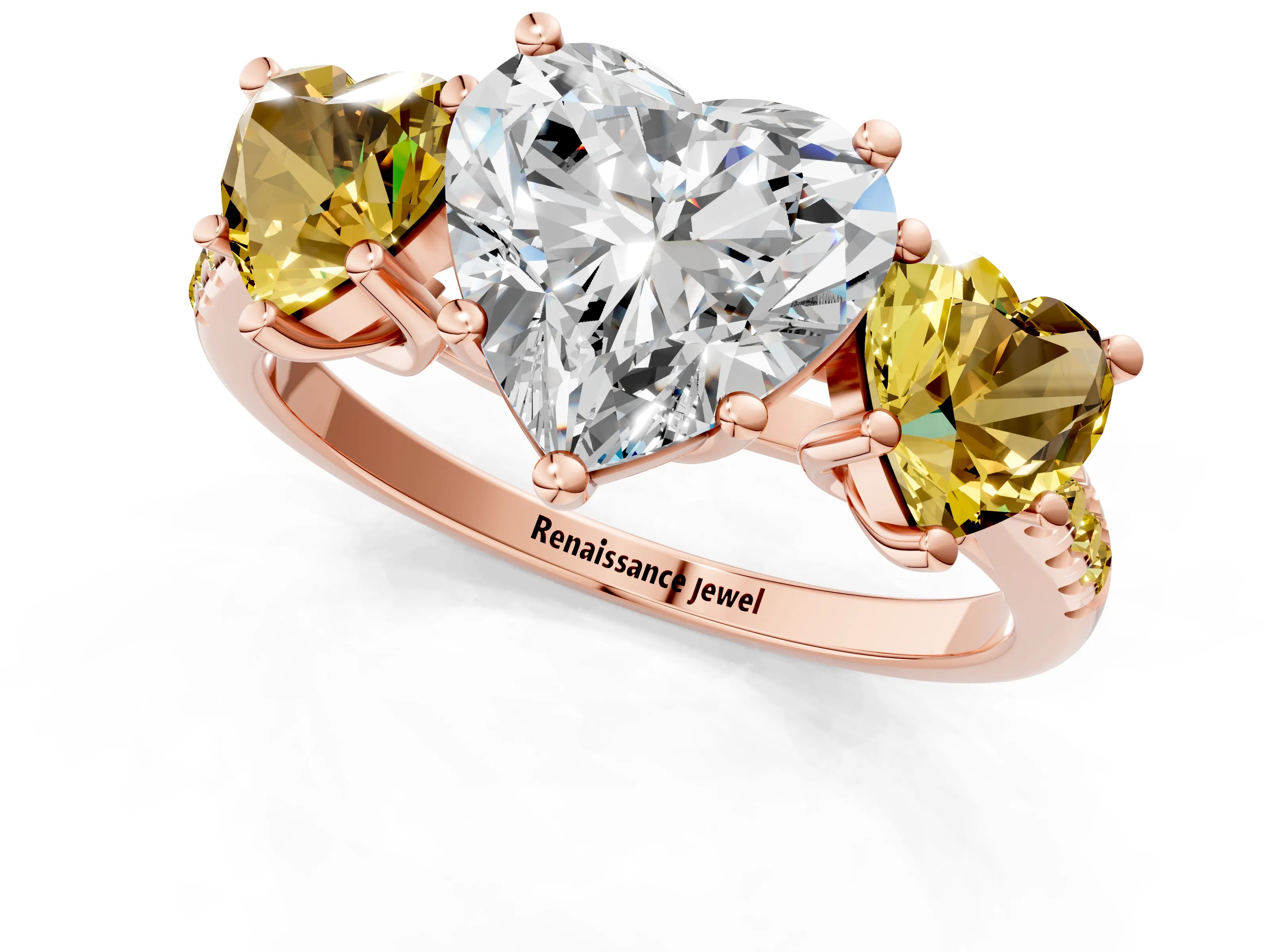 Rose gold Three-Stone Heart Cut Diamond Ring with Round with Yellow Sapphire side stone Pavé Band and Prong Setting_1