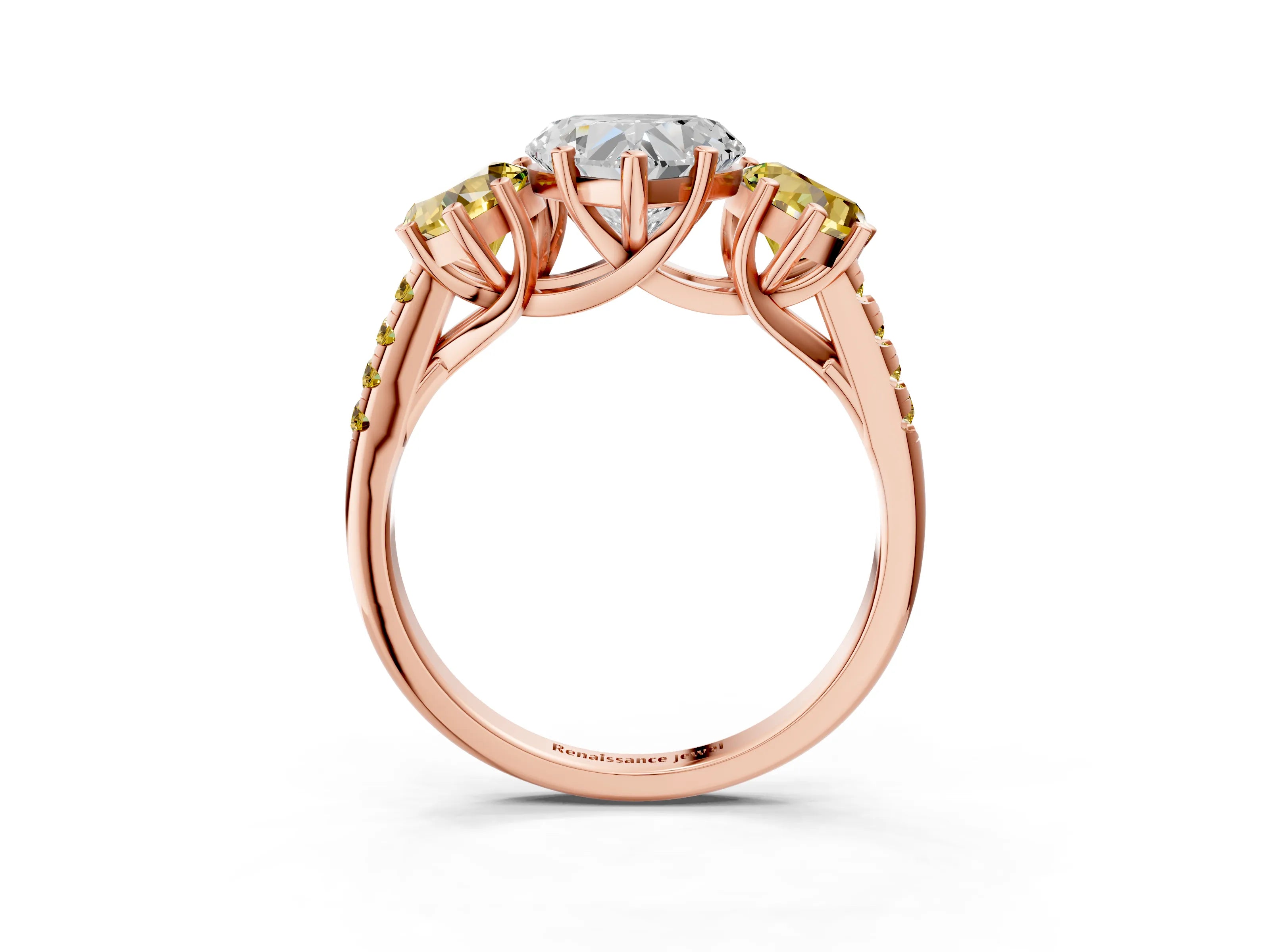Rose gold Three-Stone Heart Cut Diamond Ring with Round with Yellow Sapphire side stone Pavé Band and Prong Setting_3