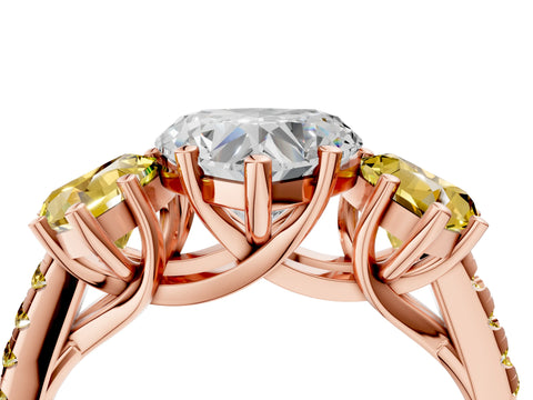 Rose gold Three-Stone Heart Cut Diamond Ring with Round with Yellow Sapphire side stone Pavé Band and Prong Setting_4