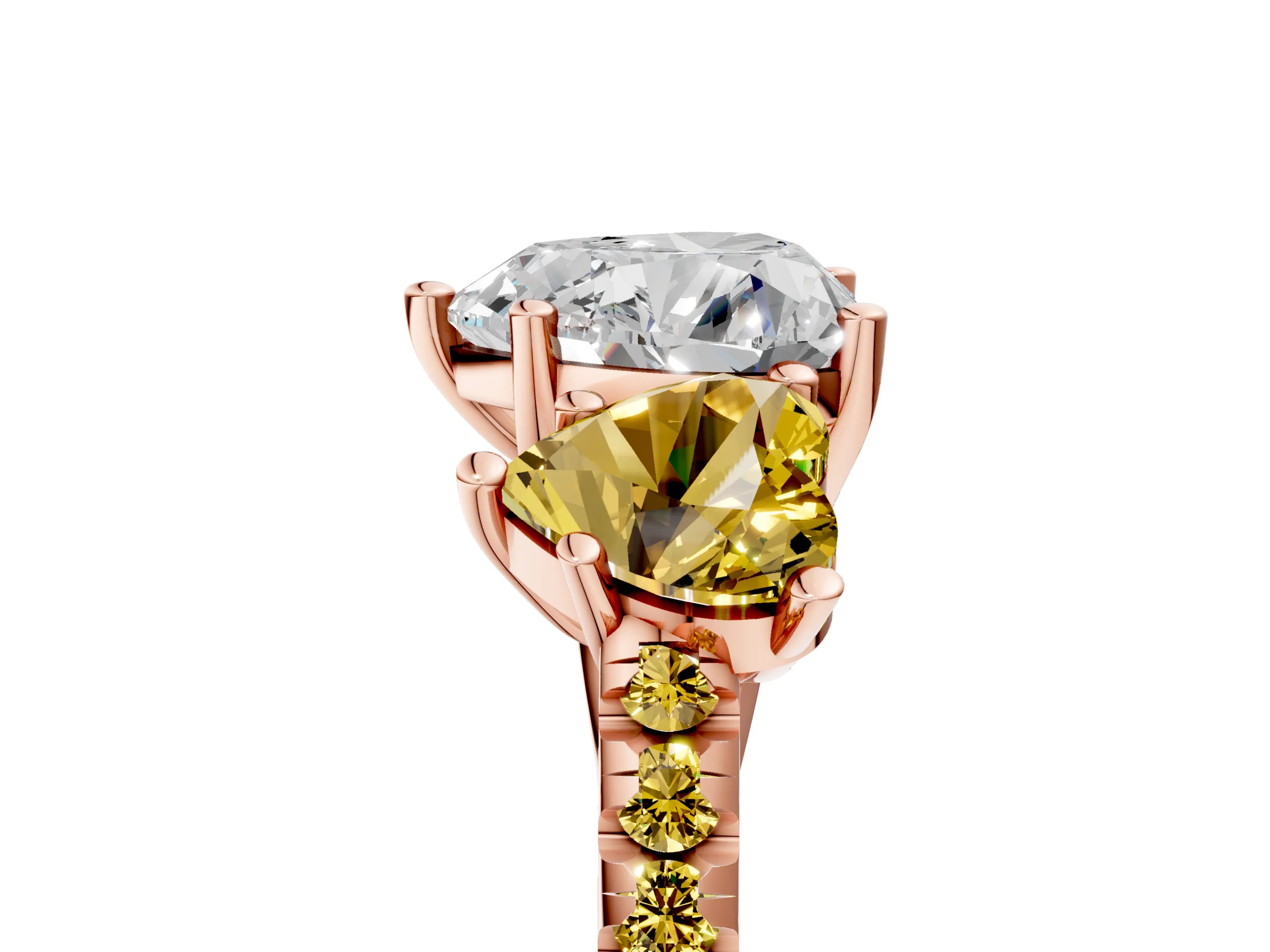 Rose gold Three-Stone Heart Cut Diamond Ring with Round with Yellow Sapphire side stone Pavé Band and Prong Setting_5