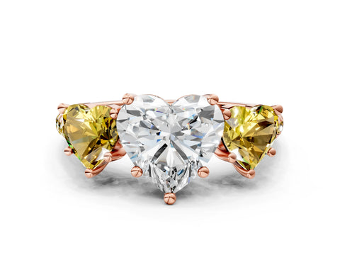 Rose gold Three-Stone Heart Cut Diamond Ring with Round with Yellow Sapphire side stone Pavé Band and Prong Setting