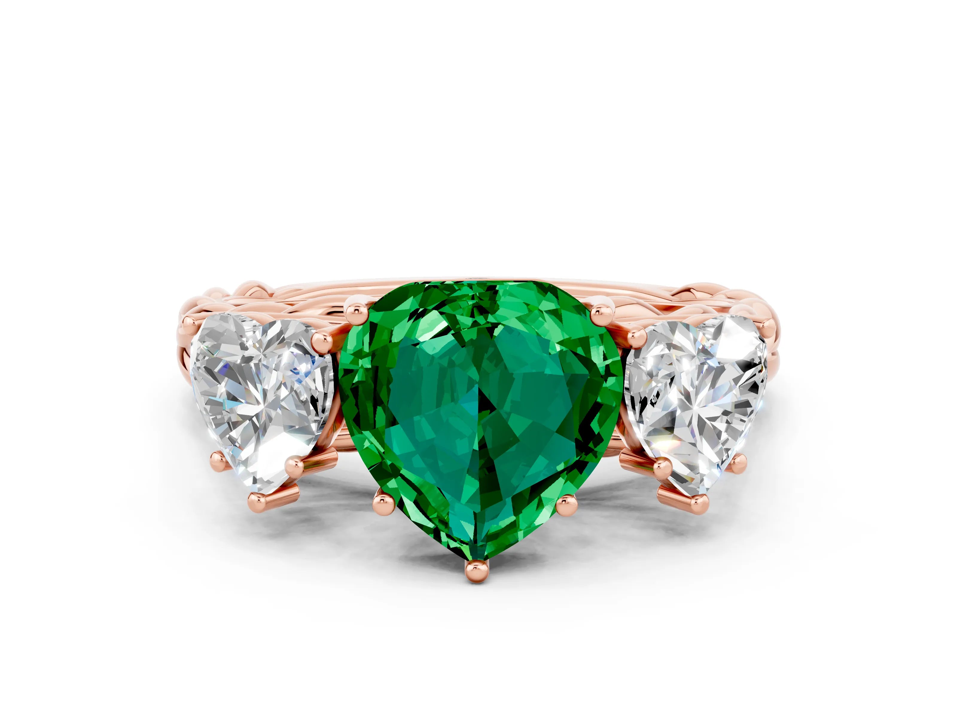 Rose gold Three-Stone Heart Cut Emerald Braided Band Ring with Four-Prong Setting_12