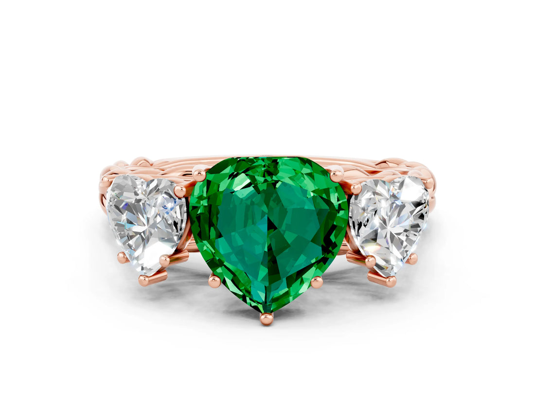 Rose gold Three-Stone Heart Cut Emerald Braided Band Ring with Four-Prong Setting_12