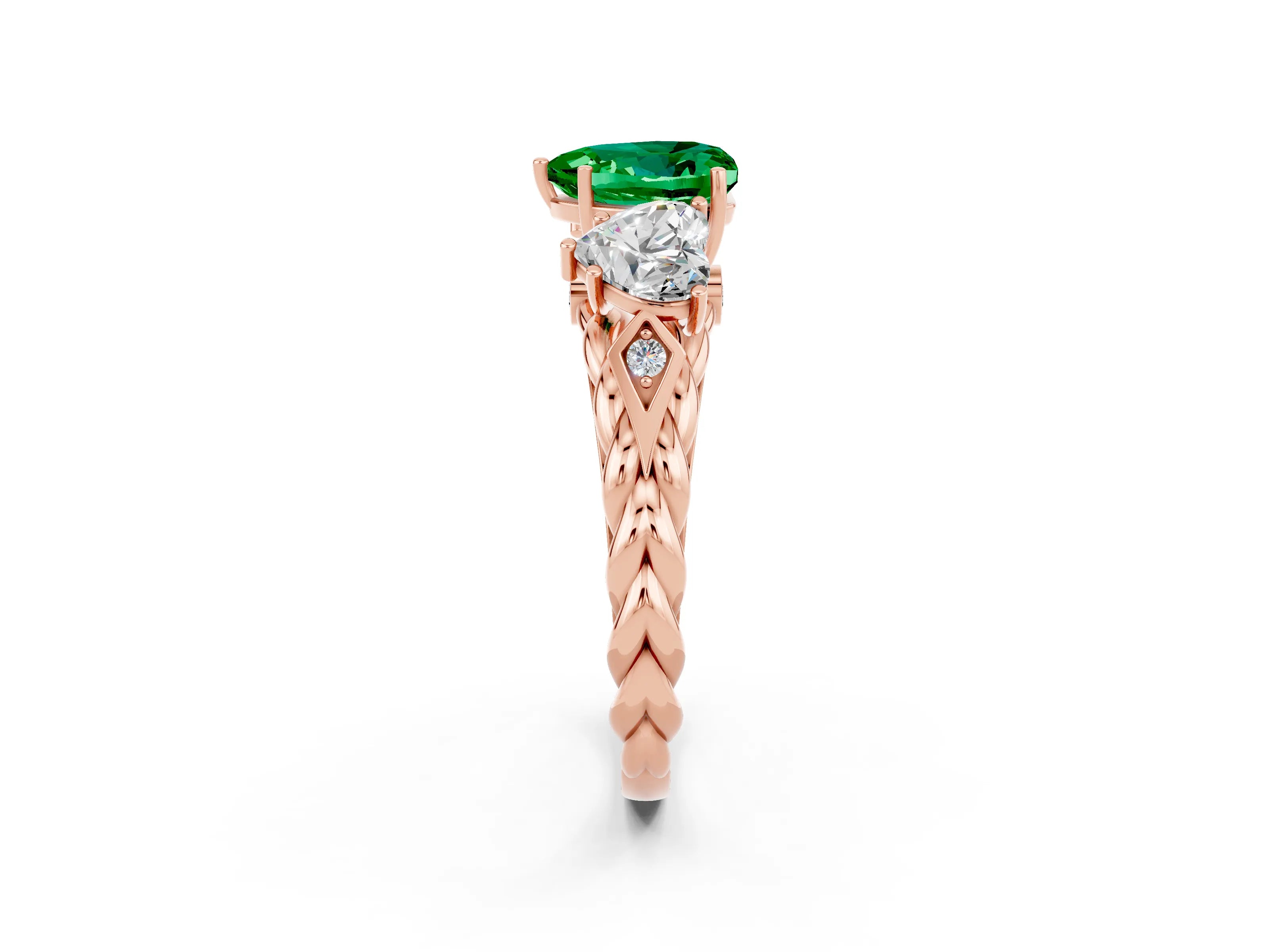 Rose gold Three-Stone Heart Cut Emerald Braided Band Ring with Four-Prong Setting_14