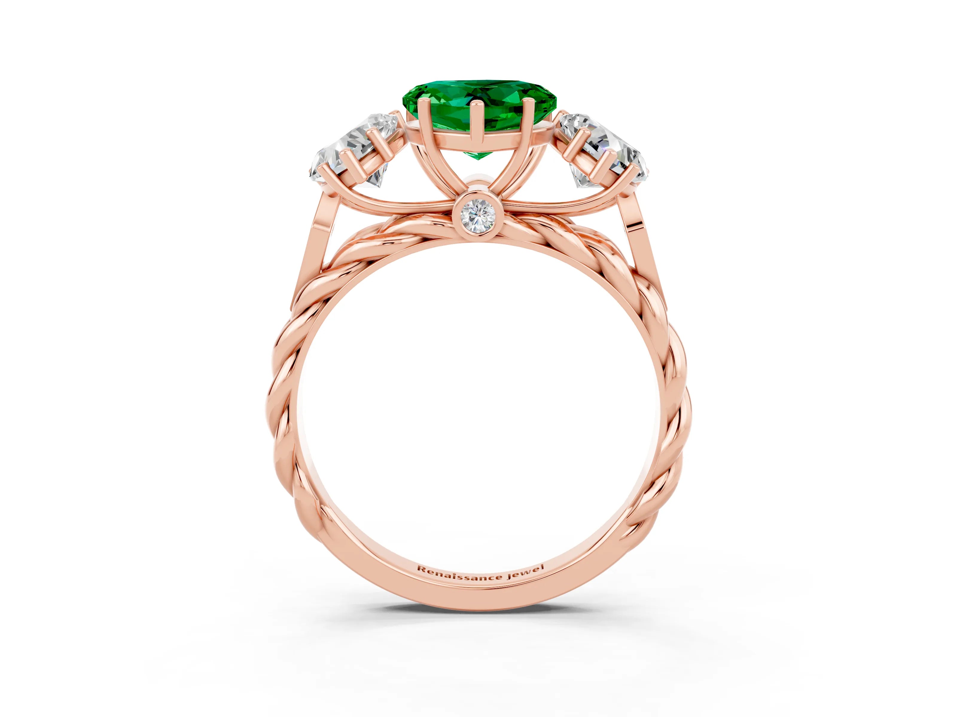 Rose gold Three-Stone Heart Cut Emerald Braided Band Ring with Four-Prong Setting_15