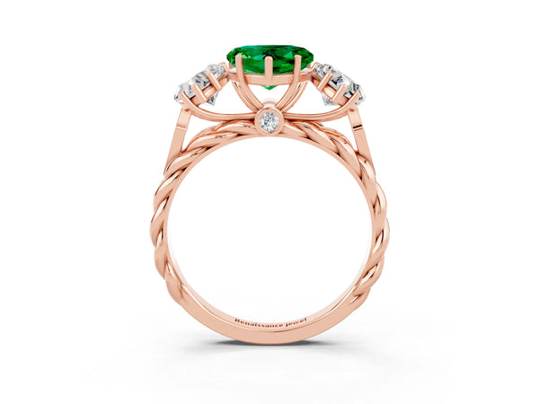 Rose gold Three-Stone Heart Cut Emerald Braided Band Ring with Four-Prong Setting