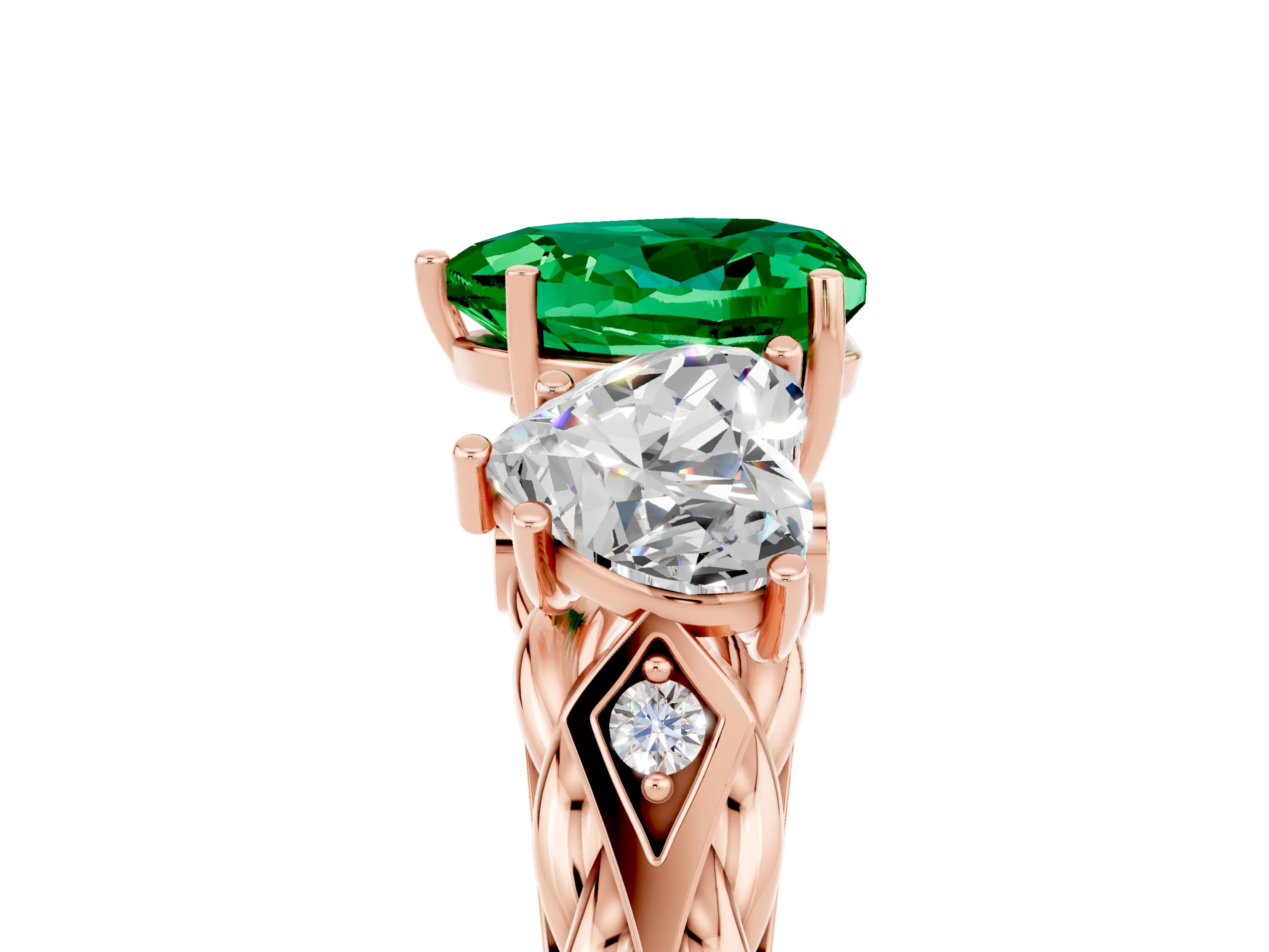 Rose gold Three-Stone Heart Cut Emerald Braided Band Ring with Four-Prong Setting_17