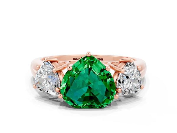 Rose gold Three-Stone Heart Cut Emerald Engagement Ring with Prong Setting