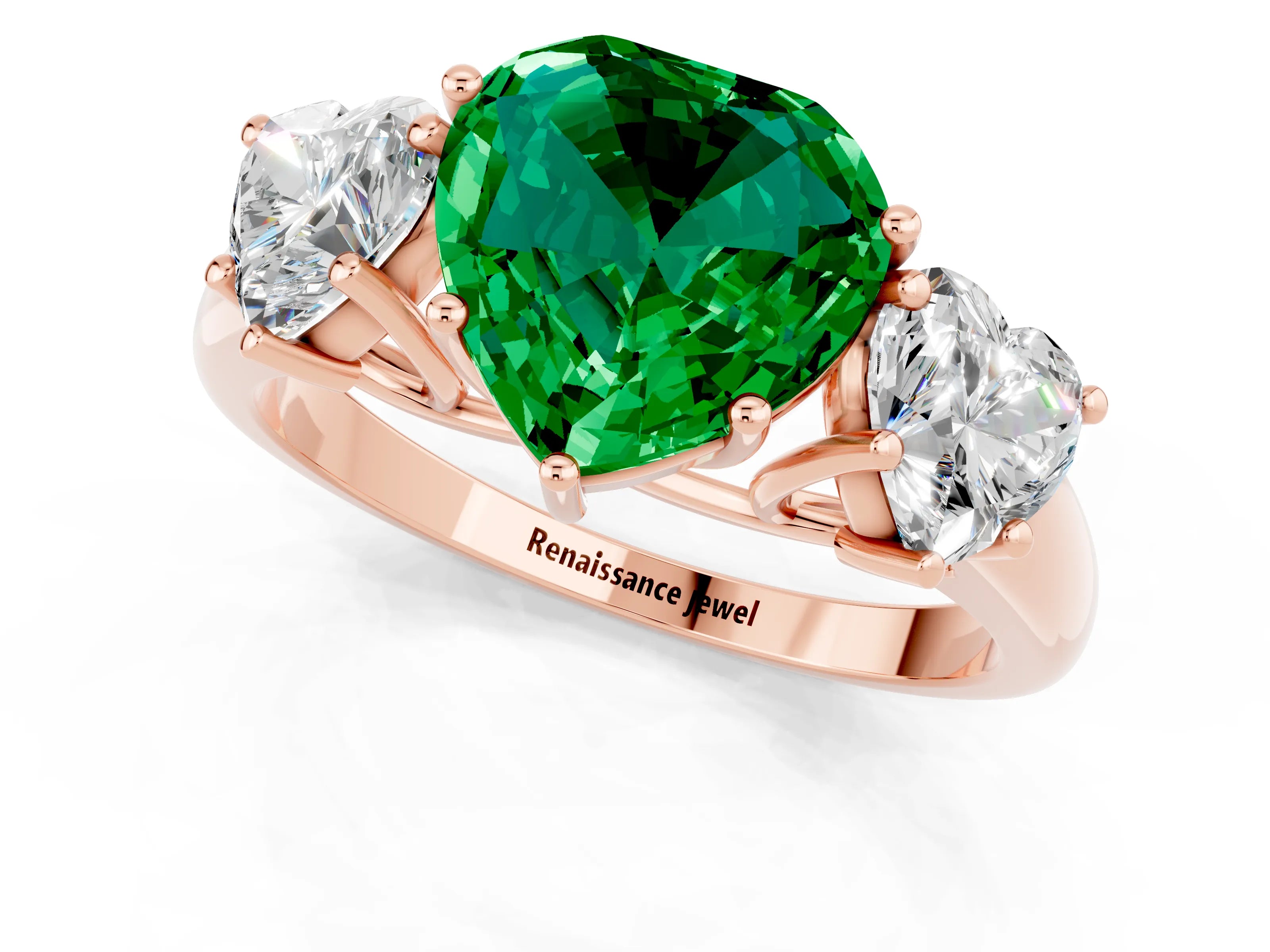 Rose gold Three-Stone Heart Cut Emerald Engagement Ring with Prong Setting_1
