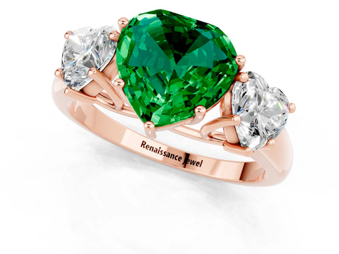 Rose gold Three-Stone Heart Cut Emerald Engagement Ring with Prong Setting_1
