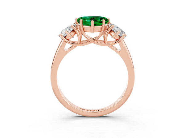 Rose gold Three-Stone Heart Cut Emerald Engagement Ring with Prong Setting