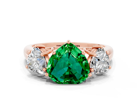 Rose gold Three-Stone Heart Cut Emerald Engagement Ring with Prong Setting