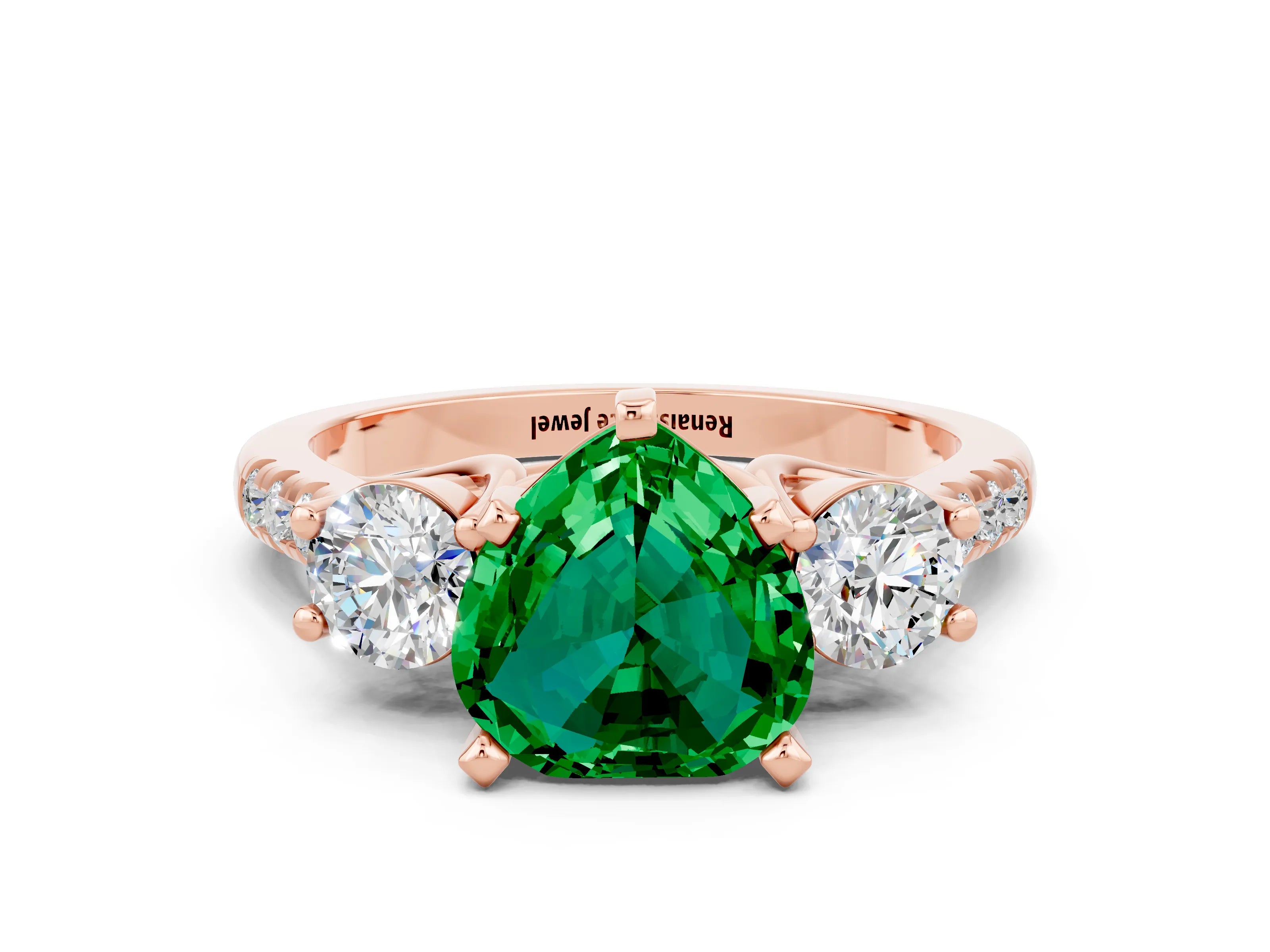Rose gold Three-Stone Heart Cut Emerald Pavé Band with Four-Prong Setting
