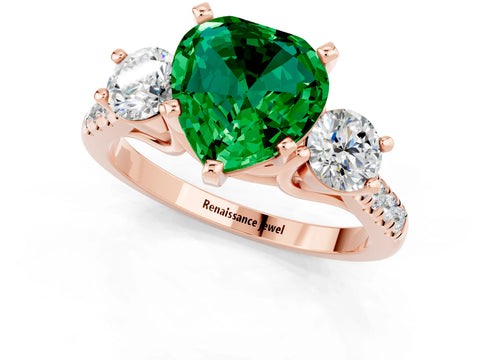 Rose gold Three-Stone Heart Cut Emerald Pavé Band with Four-Prong Setting_1