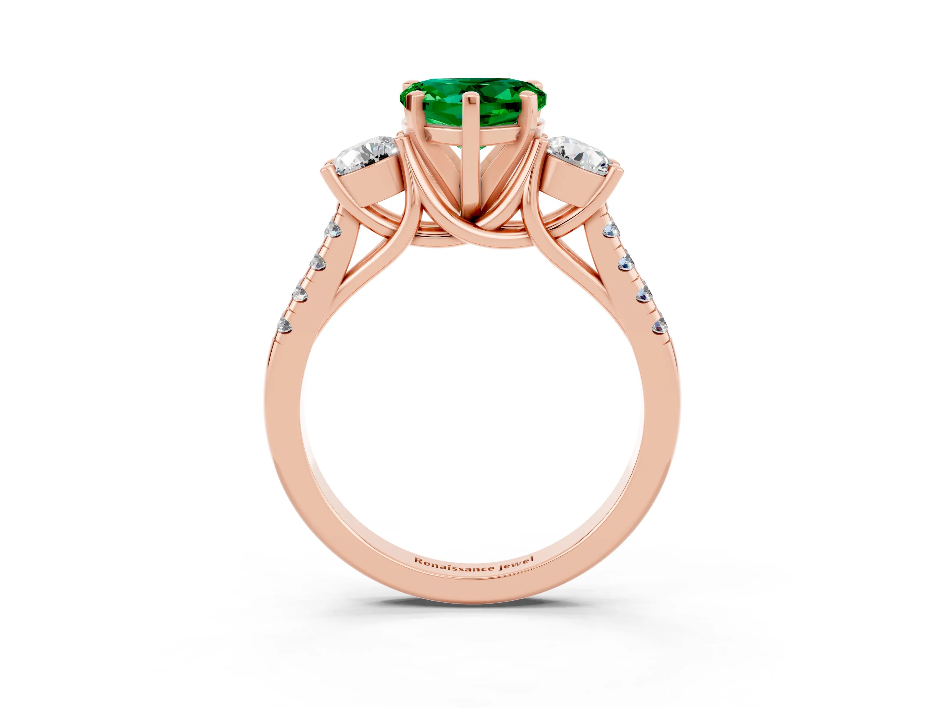 Rose gold Three-Stone Heart Cut Emerald Pavé Band with Four-Prong Setting_3