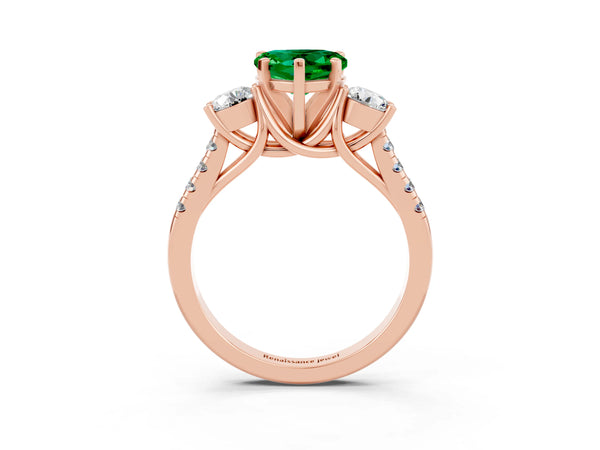 Rose gold Three-Stone Heart Cut Emerald Pavé Band with Four-Prong Setting