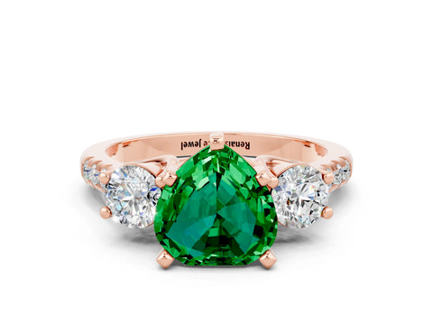 Rose gold Three-Stone Heart Cut Emerald Pavé Band with Four-Prong Setting