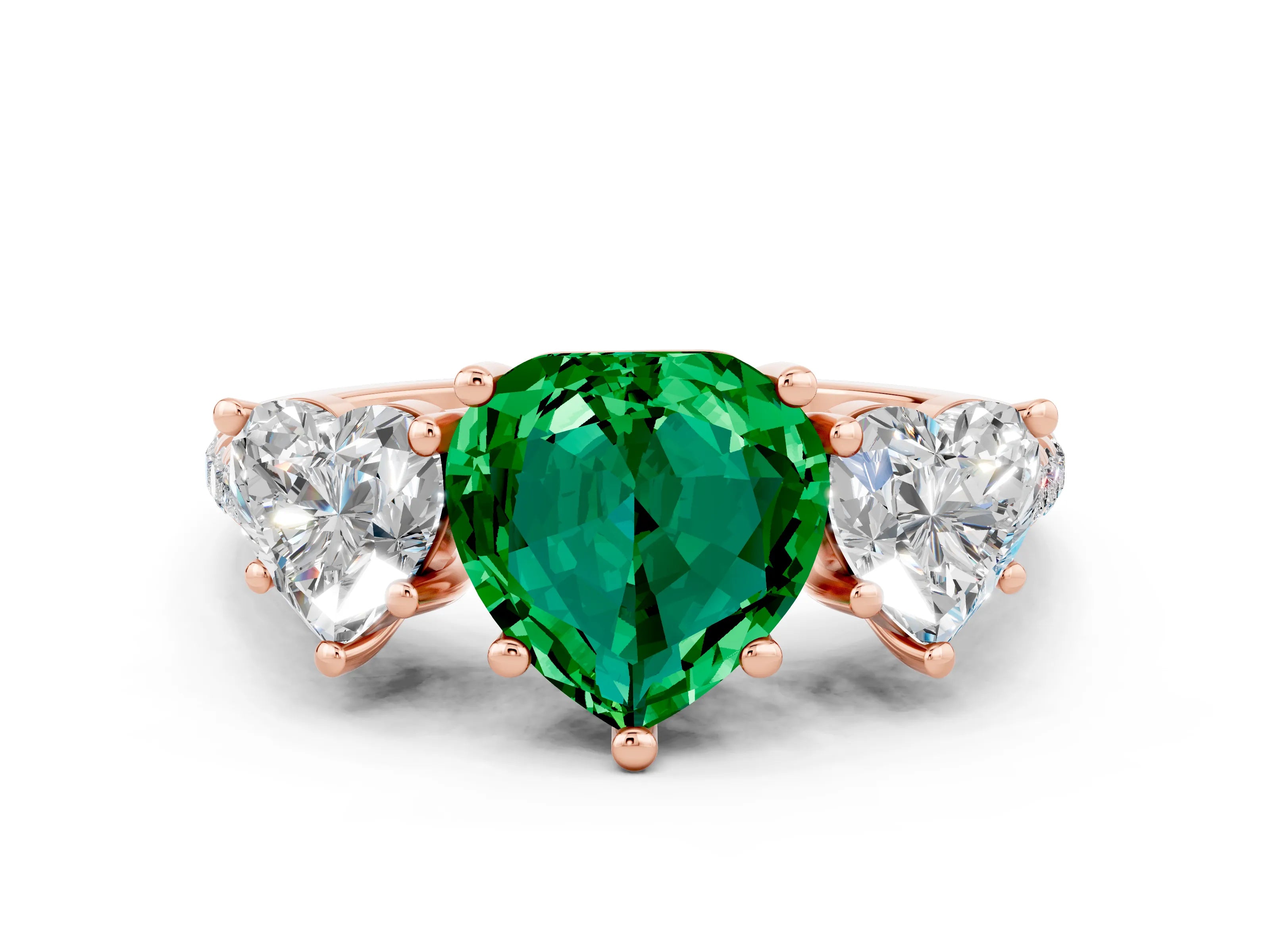 Rose gold Three-Stone Heart Cut Emerald Ring with Pavé Band and Prong Setting_12