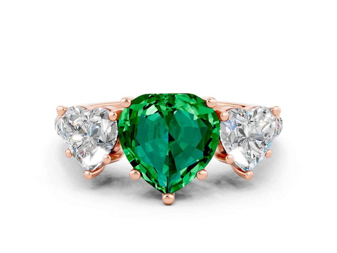 Rose gold Three-Stone Heart Cut Emerald Ring with Pavé Band and Prong Setting_12