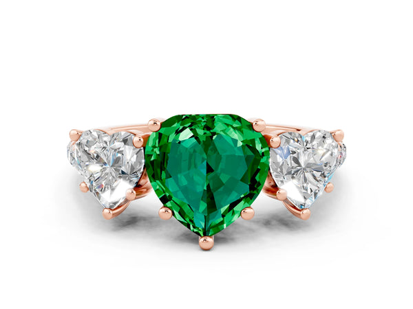 Rose gold Three-Stone Heart Cut Emerald Ring with Round  Pavé Band and Prong Setting