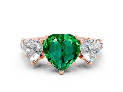 Rose gold Three-Stone Heart Cut Emerald Ring with Pavé Band and Prong Setting_12