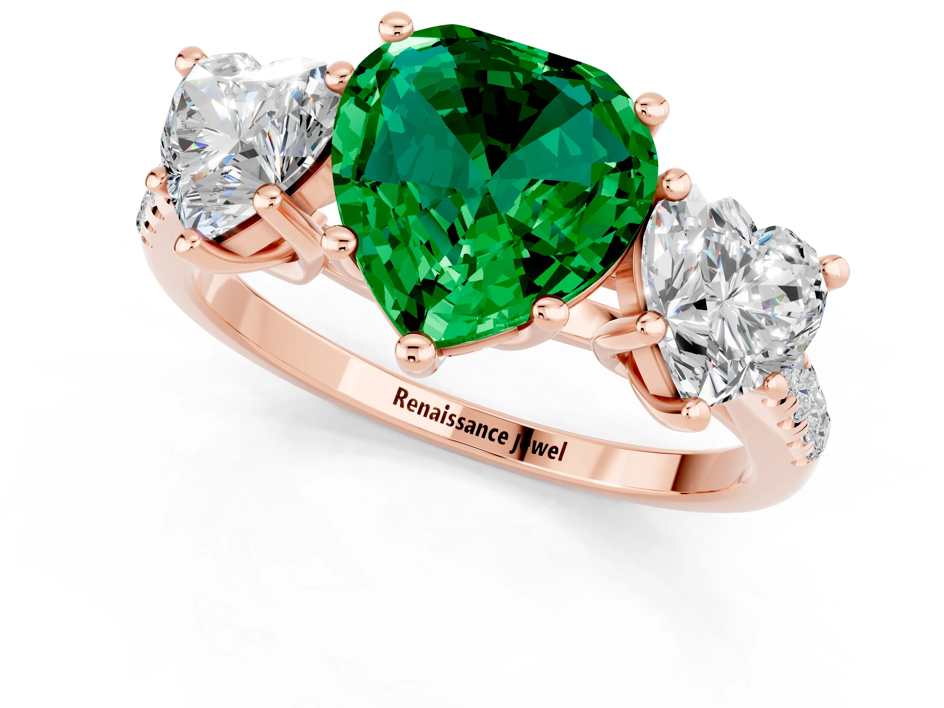 Rose gold Three-Stone Heart Cut Emerald Ring with Pavé Band and Prong Setting_13
