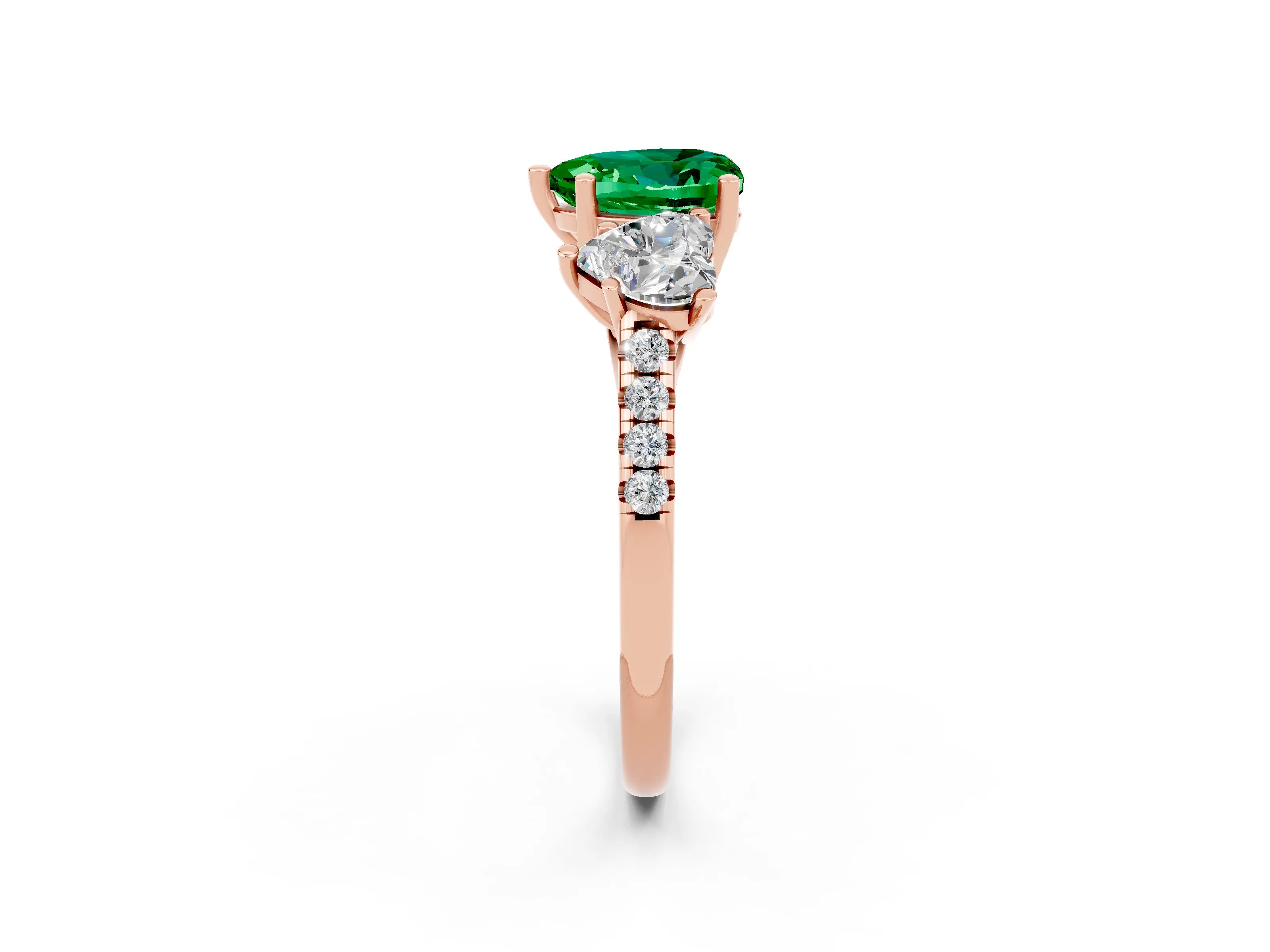 Rose gold Three-Stone Heart Cut Emerald Ring with Pavé Band and Prong Setting_14