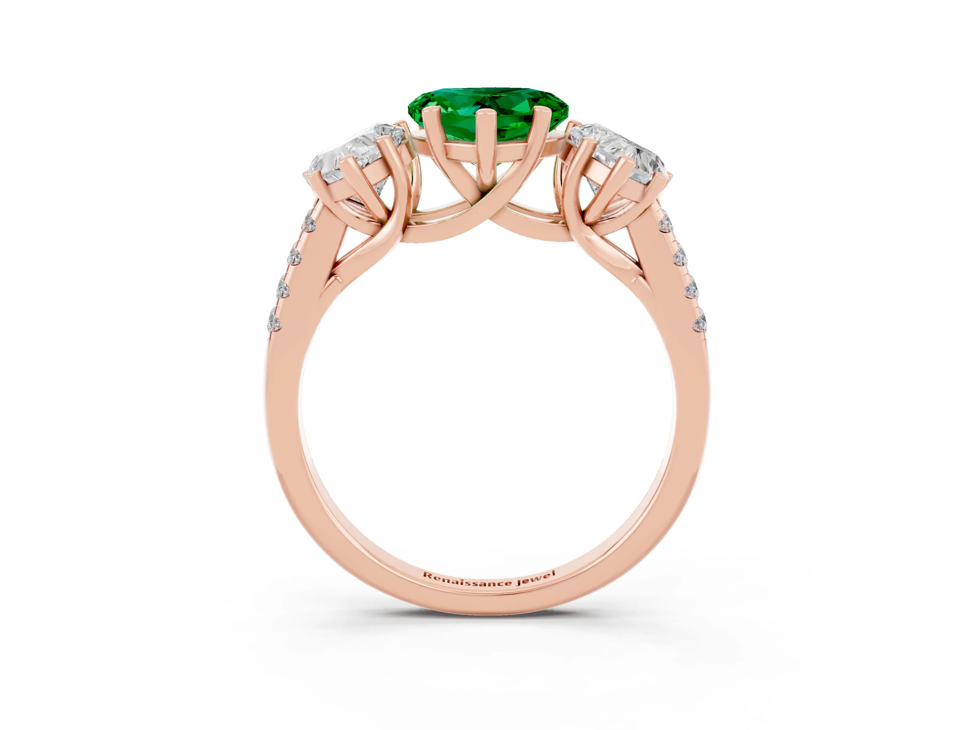Rose gold Three-Stone Heart Cut Emerald Ring with Pavé Band and Prong Setting_15