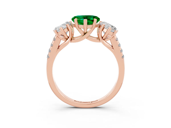 Rose gold Three-Stone Heart Cut Emerald Ring with Round  Pavé Band and Prong Setting