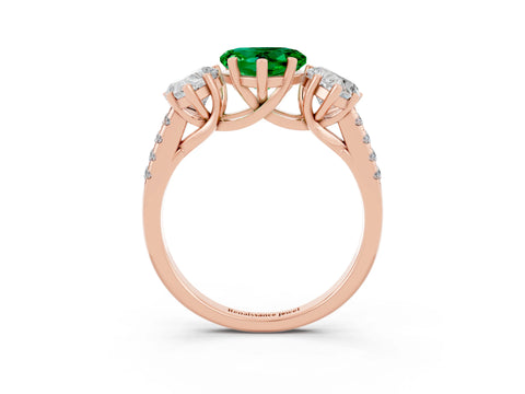 Rose gold Three-Stone Heart Cut Emerald Ring with Pavé Band and Prong Setting_15