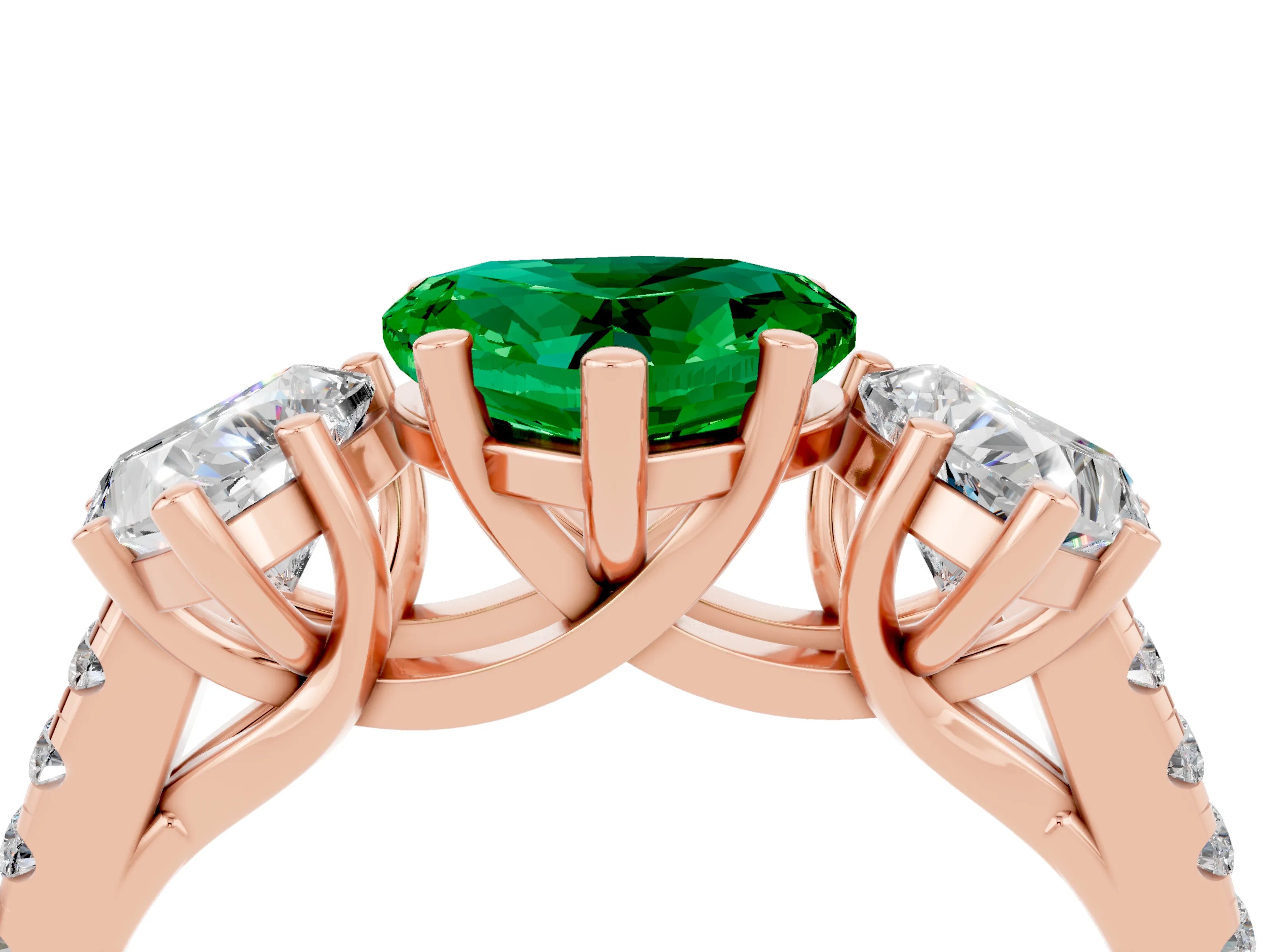 Rose gold Three-Stone Heart Cut Emerald Ring with Pavé Band and Prong Setting_16