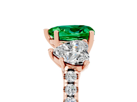 Rose gold Three-Stone Heart Cut Emerald Ring with Pavé Band and Prong Setting_17